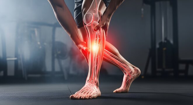 Human leg anatomy with glowing red pain point on tibia. Sports injury and medical diagnosis. Person holding shin showing inflammation and vascular nerve damage