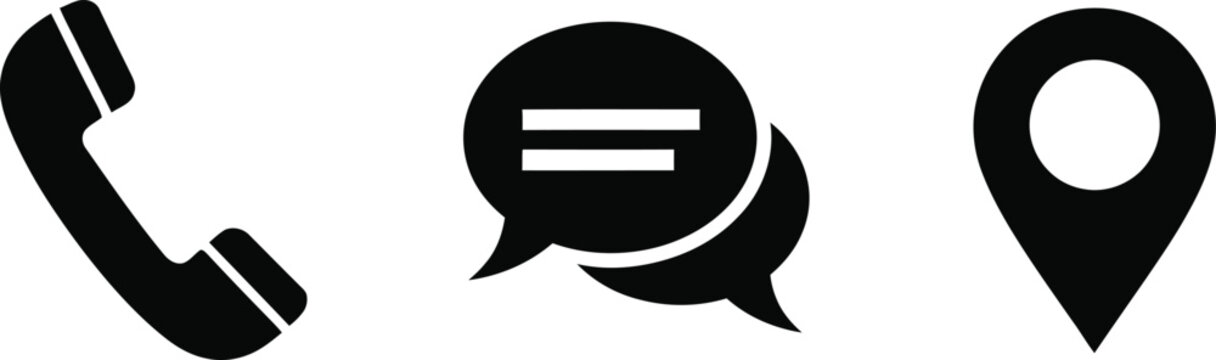 Communication contact icons with telephone chat bubble and map pointer