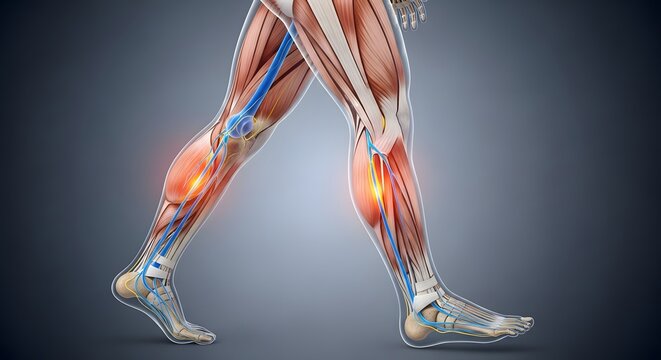 Leg muscle anatomy with blue vascular pathways and glowing nerves. Physiotherapy and circulation health. Lower body walking motion with detailed anatomical layers and veins