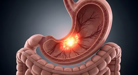 Cross section of human stomach with glowing internal inflammation. Digestive health and gastric ulcer diagnosis. Detailed anatomical view of stomach lining and intestinal tract
