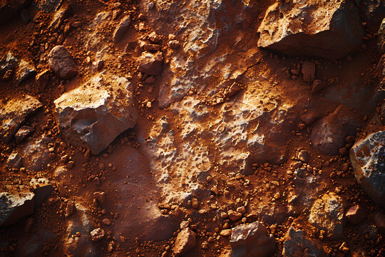 Top view macro of red laterite soil with rough stones and granular mineral texture
