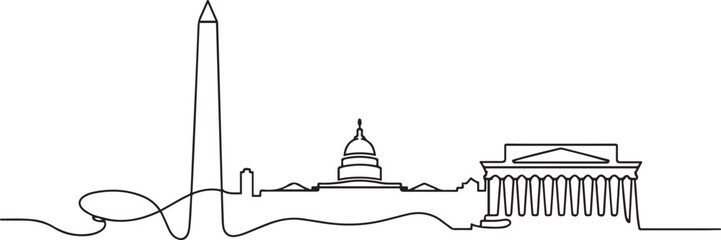 Fototapeta premium Washington landmark skyline - continuous one line drawing. one line art icon drawing vector