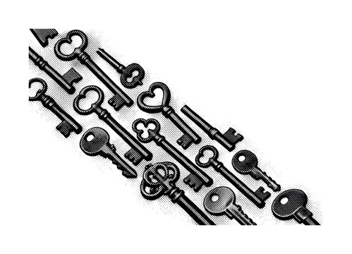 Overhead composition of an old key collection aligned diagonally across the frame, some keys partially cropped