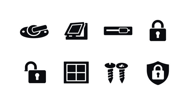 Bathroom window latch. Filled icon set of Bathroom window latch: window latch lock, tilt window latch, sliding