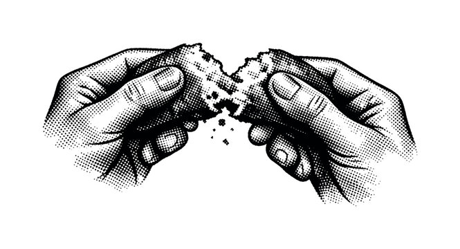 A human hand breaking a piece of bread apart, focusing on fingers and tearing motion, rendered in high