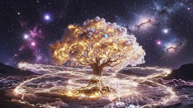 Cosmic lightning tree in a starry landscape nature art serene environment dreamlike perspective