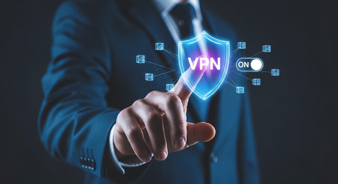 Cybersecurity Activation: A man in a suit is activating a virtual private network (VPN) shield, an evocative image of digital security and privacy
