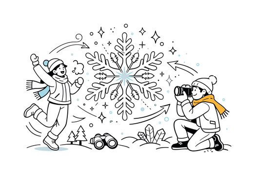 Snowflake formation. Delicate snowflake crystallizing in midair, symmetrical arms growing outward with calm