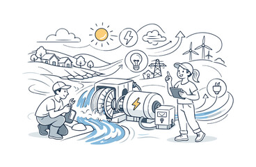 Fototapeta premium Small-scale hydro power setup. Compact turbine connected to a generator beside a rural stream, quiet
