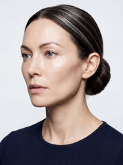 Fototapeta premium Studio portrait of an elegant woman with a serene expression, shot against a clean white background. Impeccable lighting reveals the subtle textures of her skin and navy wool garment.