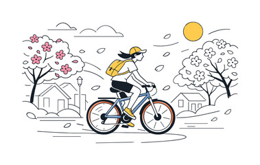 Obraz premium Bike ride through blooming streets. A person riding a bicycle along a street lined with blooming trees, petals