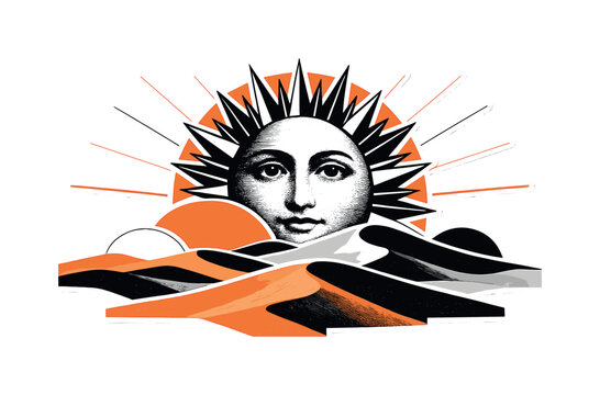 retro black and white sun with a human face rising above a surreal desert landscape, layered sand dunes with