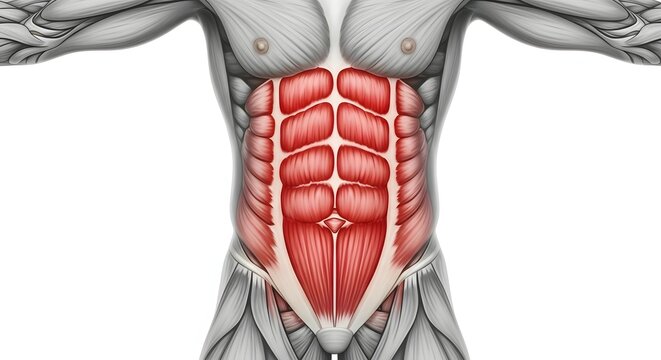 Human abdominal muscle anatomy and core fitness. Healthcare and physical education. Anatomical illustration of a male torso with highlighted red rectus abdominis muscles