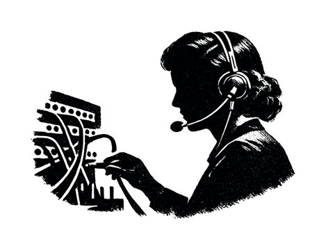 Noir Switchboard Silhouette. Side-profile of a vintage switchboard operator wearing a headset, face obscured