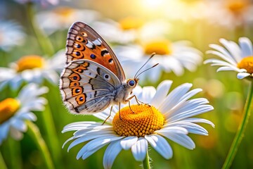 Fototapeta premium Butterfly on white daisy with orange center in field flower green grass