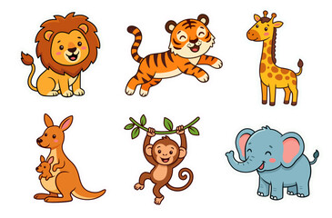 Fototapeta premium Jungle animals cartoon characters illustrations set. Kawaii wild animals vector clipart