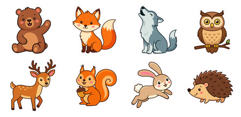 Obraz premium Forest animals cartoon characters illustrations stickers set. Kawaii wild animals vector clipart