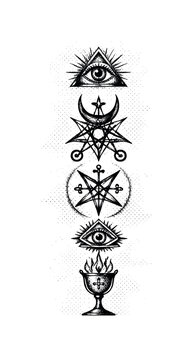 Victorian Occult Sigils. Series of hand-drawn occult symbols forming a vertical column, sigils uneven and