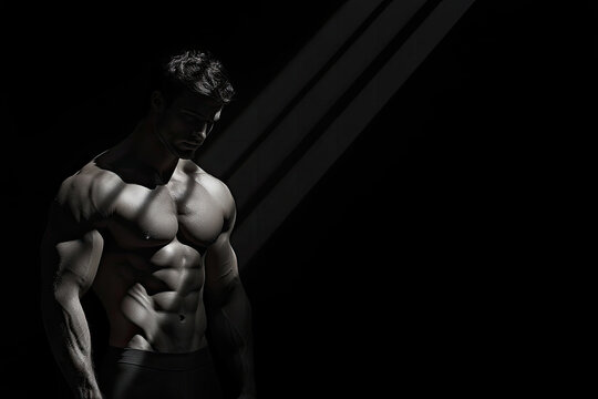 Intense Muscular Supermodel Standing in Shadowed Spotlight