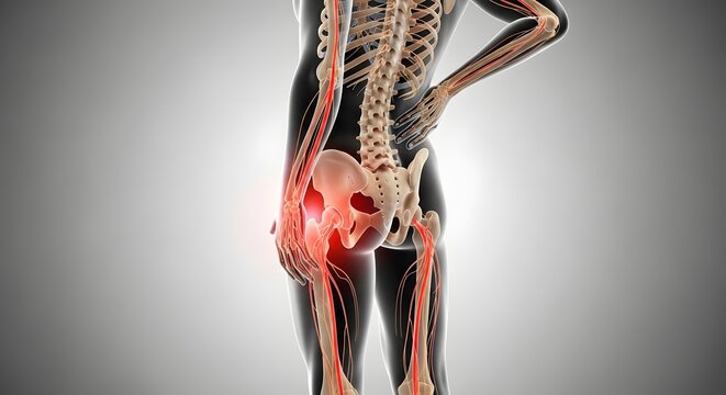 Hip joint anatomy with sciatic nerve pain and bone inflammation. Orthopedic surgery and pelvic health. Human skeleton showing glowing red injury highlights on the femur and hip socket