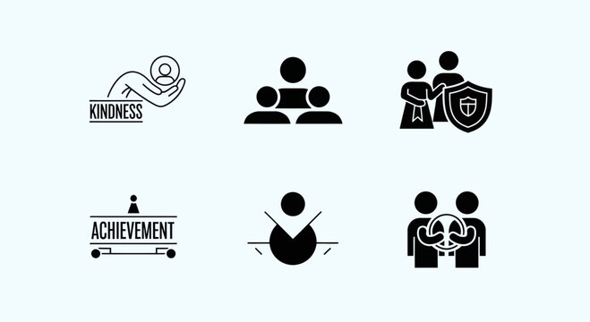 Set of 6 Icons: Kindness, Teamwork, Security, Achievement, Success, Collaboration