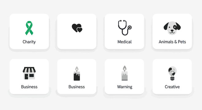 Set of icons: Charity, Health, Pets, Business, Warning, Creation