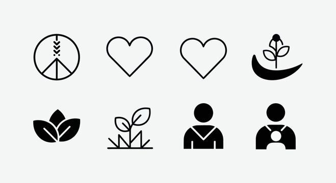 Set of icons: peace, love, nature, growth, human, community, ecology, sustainability