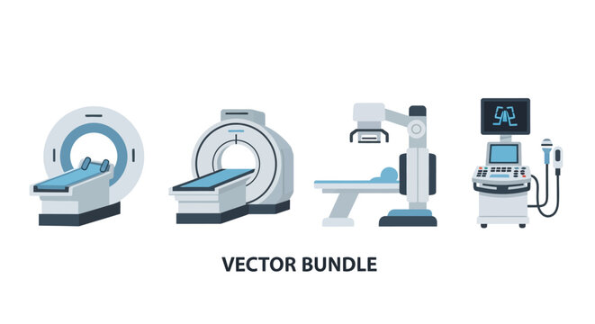 Advanced medical imaging equipment for diagnostics, including X-ray machine, CT scan, MRI machine, and ultrasound, presented as a vector bundle on an isolated white background.