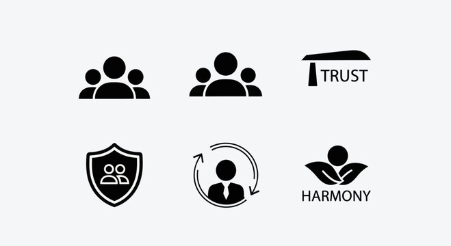 Teamwork Icons: Collaboration, Trust, Security, Harmony, and Leadership Concepts