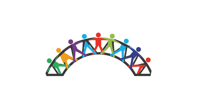 Colorful illustration of people forming a bridge.