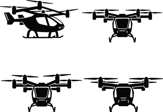 Vector set of eVTOL passenger drone silhouettes, futuristic air taxi icons for urban air mobility