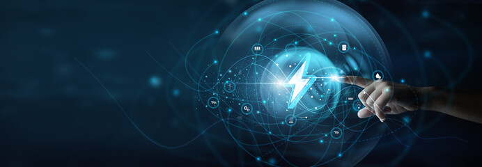 Energy engineer holding power system display. Energy technology develops advanced solutions for generation, distribution, and efficient energy use. © FutureLogic Studio