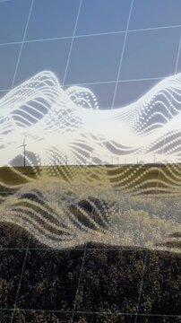 Animated white waveform visualizing real-time turbine data, morphing over grid across wind farm