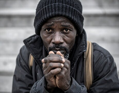 homeless man sitting on stairs outdoors.
