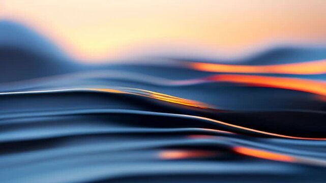 Abstract animation of elegant, dark waves gently rolling and reflecting warm sunset hues