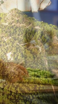 Vertical video: Aerial overlay shifting via camera glare, revealing bread and greens for food ads