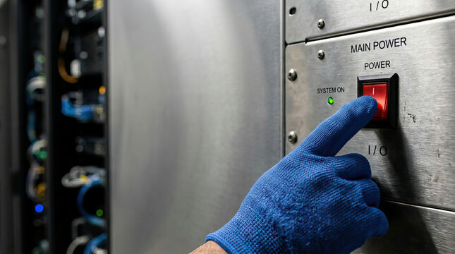 Hand pressing main power switch on industrial control panel with blue safety glove, close up of electrical equipment in server room environment