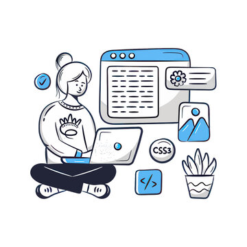 A woman works on a laptop surrounded by coding symbols and a browser window. vector illustration