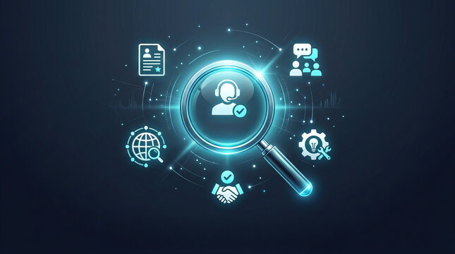 Customer service concept with magnifier and headset icon, glowing digital network background, futuristic technology and communication, bright blue neon light effect, modern business support