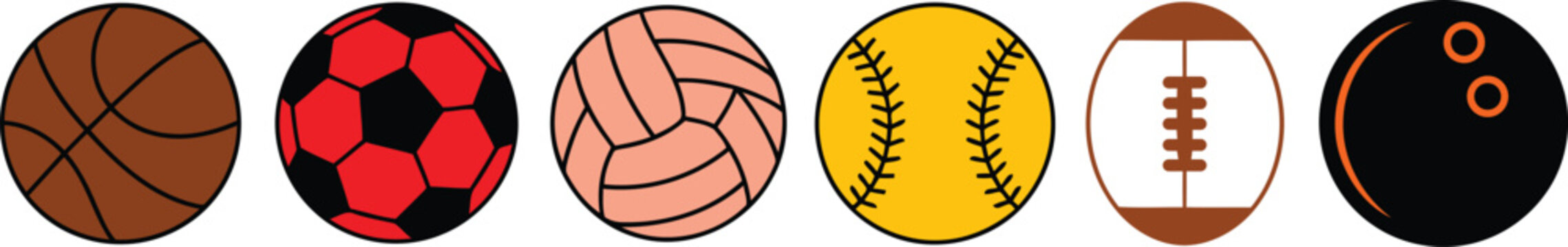 Collection of various sports balls icons including basketball soccer volleyball softball rugby and bowling balls in a row on white background