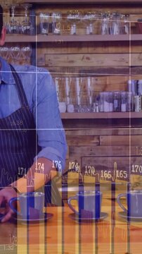 Vertical video: Barista lining blue cups on wood bar as sliding cup forward, charts rising for prep