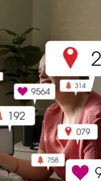 Woman reaching phone on couch, hearts and pins multiplying around face, checking social engagement