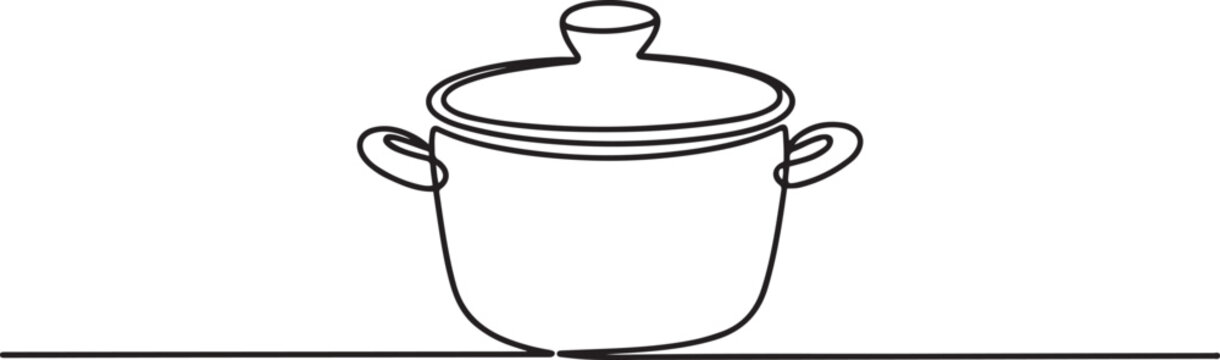 Minimalist cooking pot one line art isolated outline vector design. one line Icon drawing