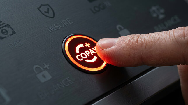 Finger pressing copay button on black digital control panel, close up view of healthcare payment concept with illuminated orange light and modern technology interface