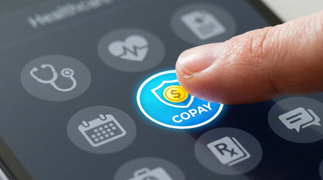 Copay button on healthcare app screen being pressed by finger, symbolizing medical payment, insurance, and digital health management with clear icons and modern interface