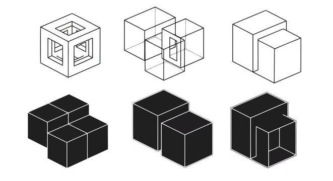 Illustrations of complex geometric cube structures and their solid counterparts Vector