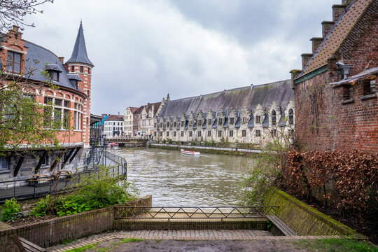 View of the Leie river with the Groot Vleeshuis in Ghent, Belgium.