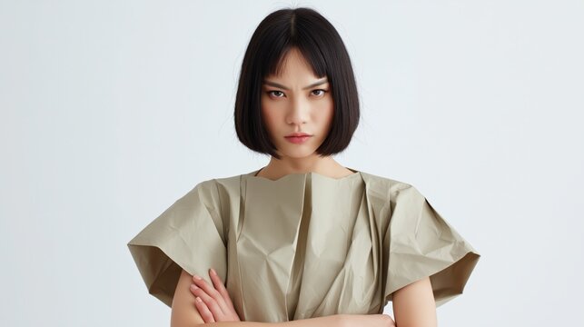 Young asian female with short hair in beige outfit showing serious expression