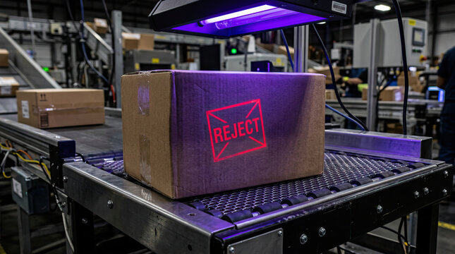 Package inspection reject stamp on cardboard box on conveyor belt in warehouse with industrial equipment and workers in background