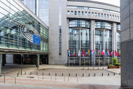 European Parliament Headquarters with Member State Flags, Brussels